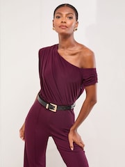 Lipsy Berry Red Petite Slash Neck Belted Jumpsuit - Image 1 of 4
