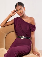 Lipsy Berry Red Petite Slash Neck Belted Jumpsuit - Image 3 of 4