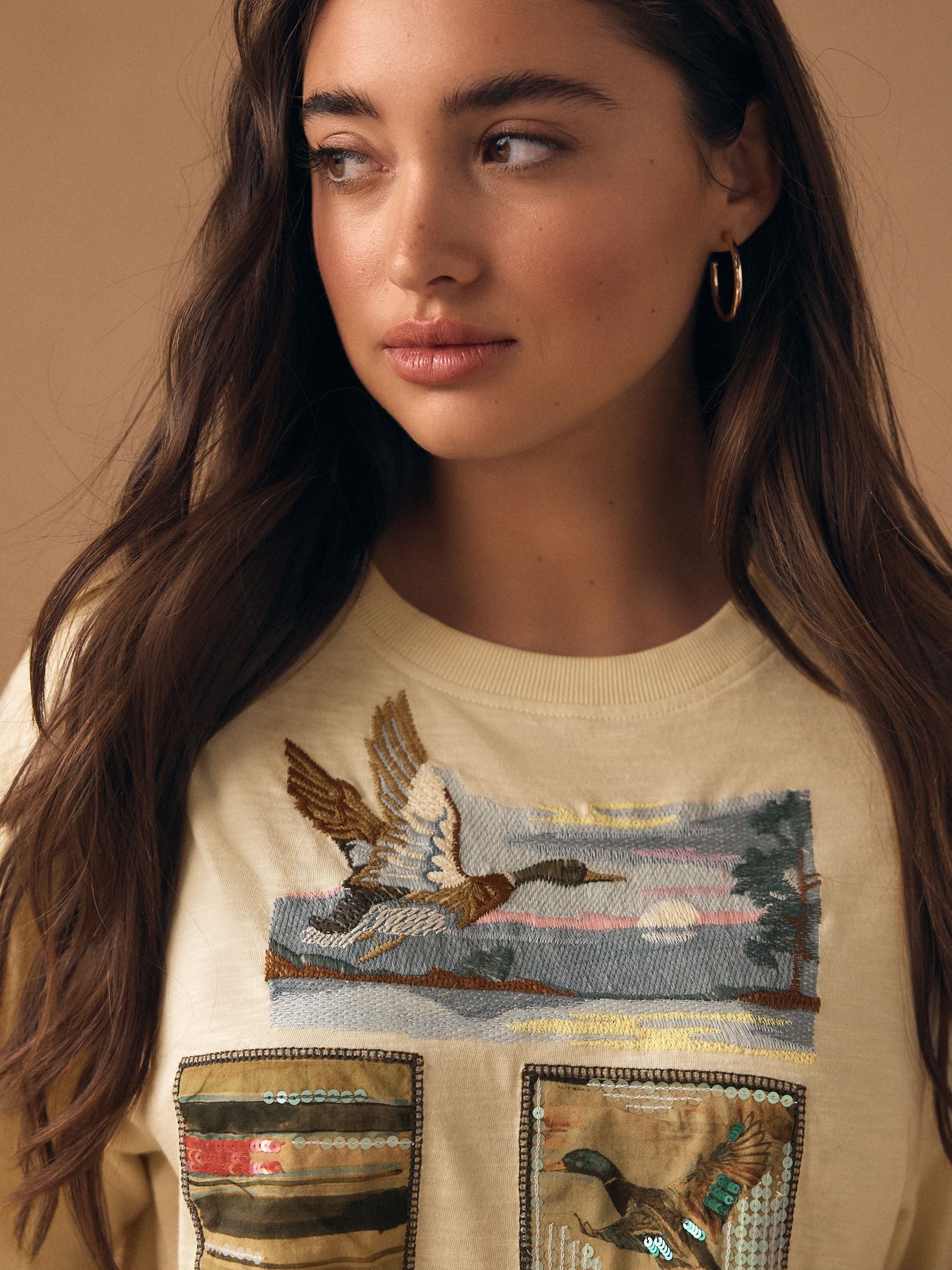 Buy Butter Yellow Sequin Patch Graphic Duck Short Sleeve Crew Neck