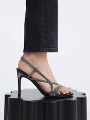 River Island Black Wide Diamante Strappy Heel Sandals - Image 1 of 6