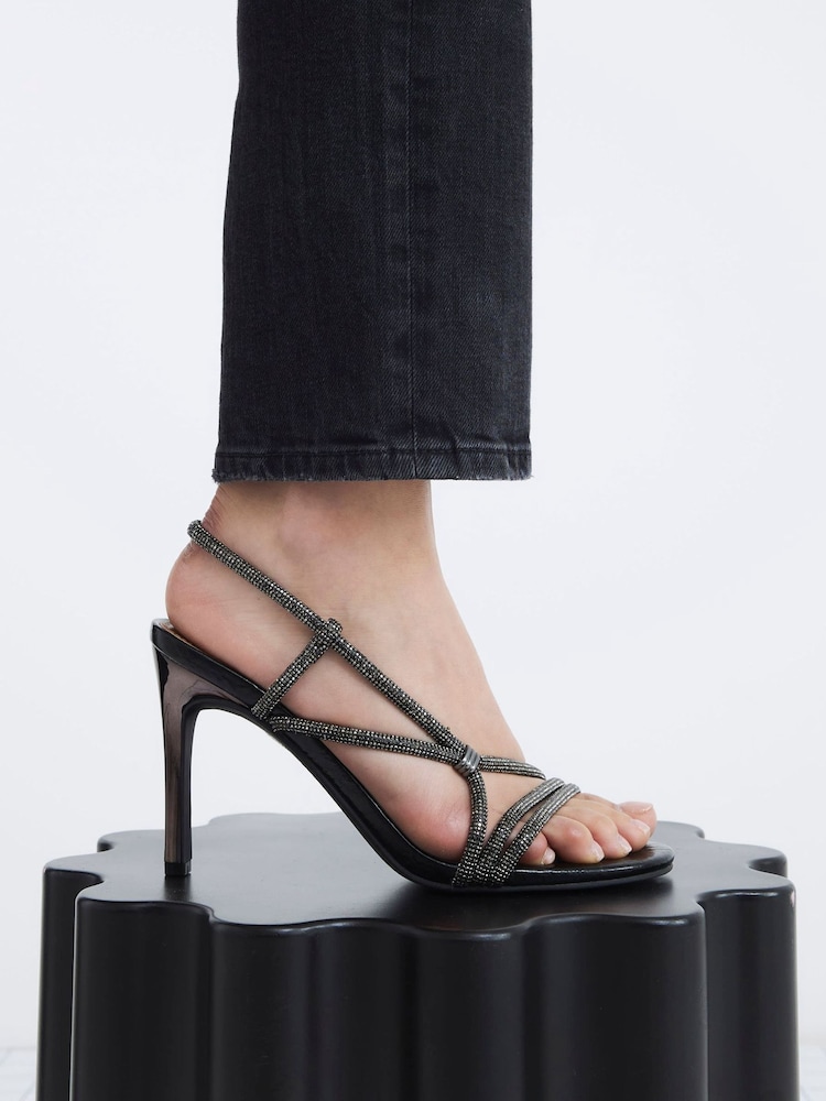 River Island Black Wide Diamante Strappy Heel Sandals - Image 1 of 6