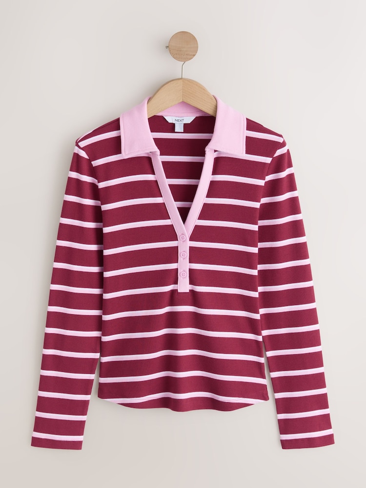 Pink/Berry Stripe Henley Long Sleeve Button Down Top - Image 1 of 3