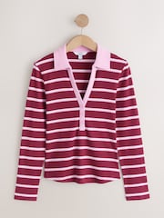 Pink/Berry Stripe Henley Long Sleeve Button Down Top - Image 6 of 8
