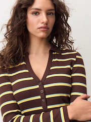 Brown with Blue/Yellow Stripe Henley Long Sleeve Button Down Top - Image 1 of 8
