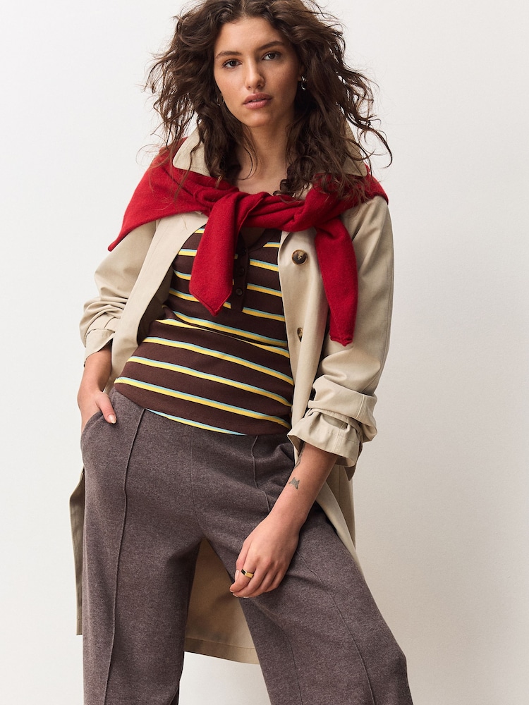 Brown with Blue/Yellow Stripe Henley Long Sleeve Button Down Top - Image 2 of 8