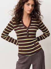 Brown with Blue/Yellow Stripe Henley Long Sleeve Button Down Top - Image 4 of 8