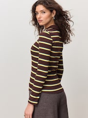 Brown with Blue/Yellow Stripe Henley Long Sleeve Button Down Top - Image 5 of 8