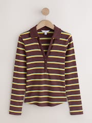 Brown with Blue/Yellow Stripe Henley Long Sleeve Button Down Top - Image 6 of 8