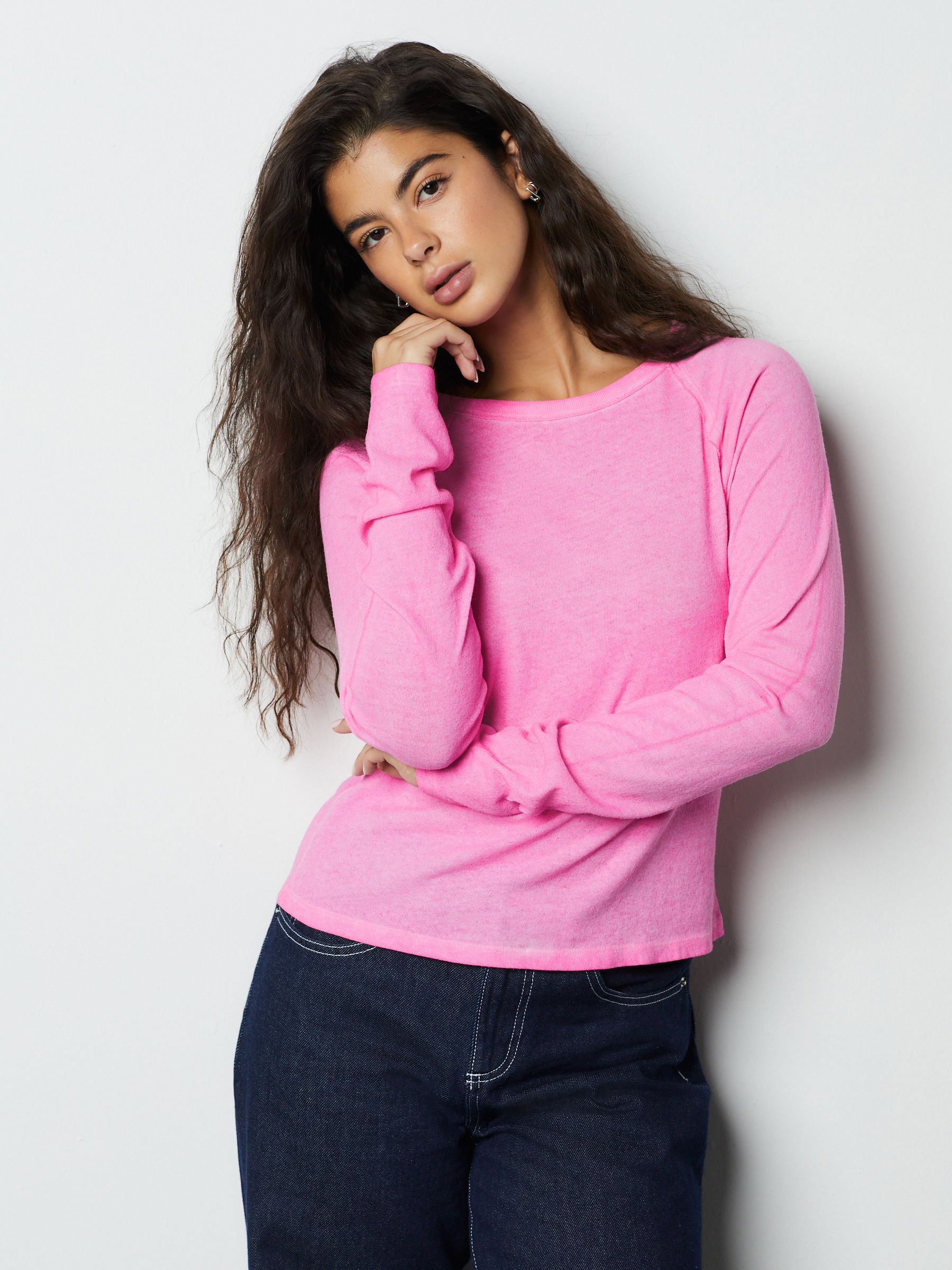 Buy Fluro Pink Long Sleeve Washed Effect Raw Seam T-Shirt from the