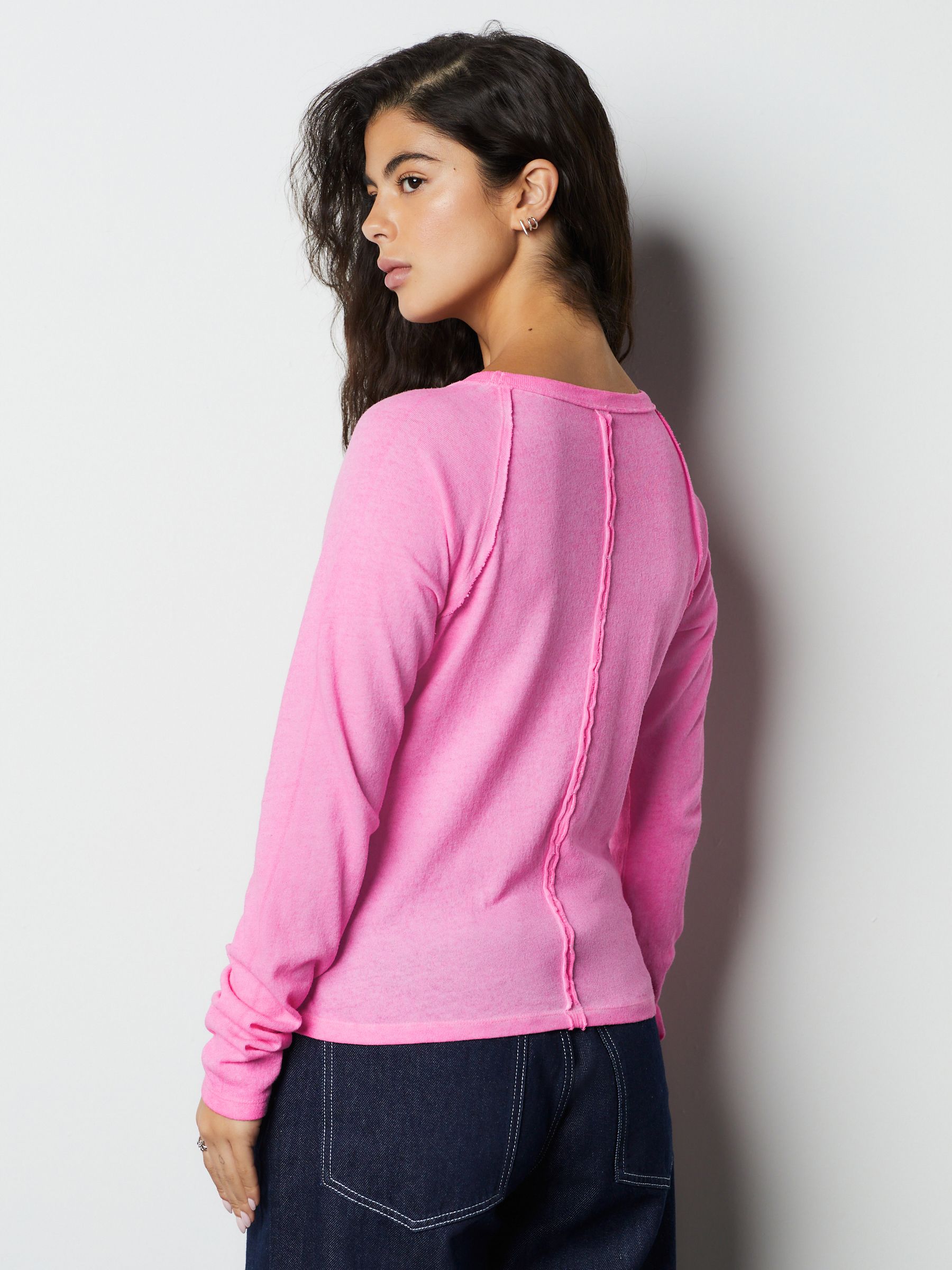 Buy Fluro Pink Long Sleeve Washed Effect Raw Seam T-Shirt from