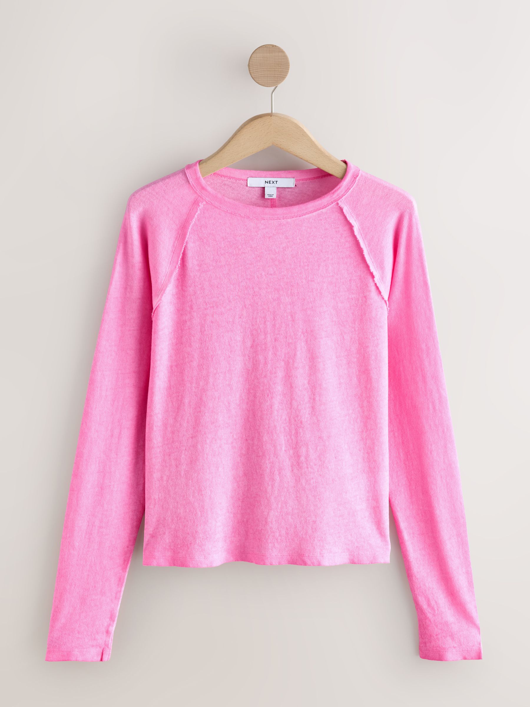 Buy Fluro Pink Long Sleeve Washed Effect Raw Seam T-Shirt from