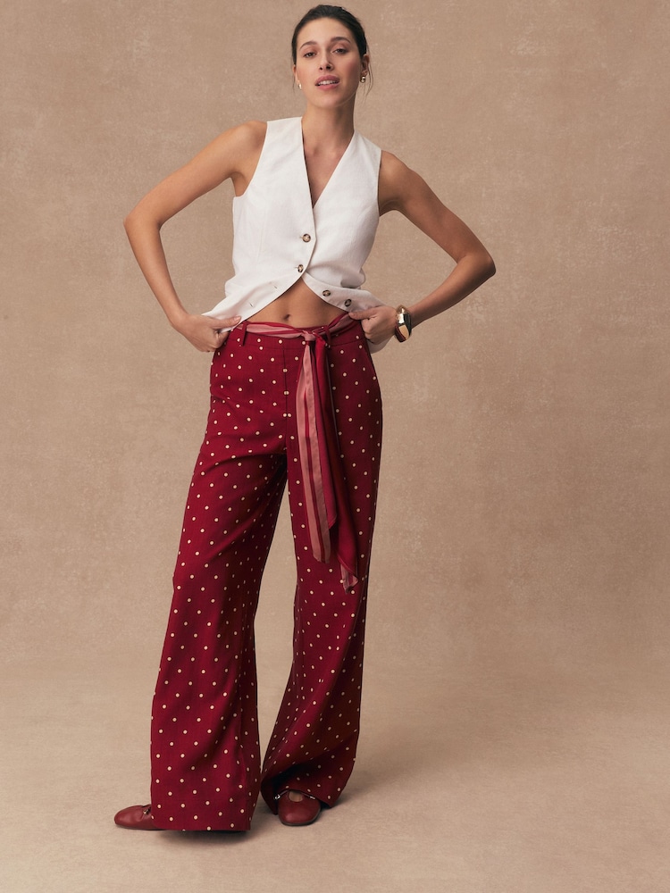 Burgundy/Ecru Spot Scarf Belt Wide Leg Trousers - Image 2 of 5 Burgundy/Ecru Spot Scarf Belt Wide Leg Trousers - Image 2 of 5