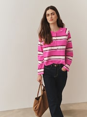 Pink Stripe Button Henley Crew Neck Long Sleeve Top - Image 1 of 8