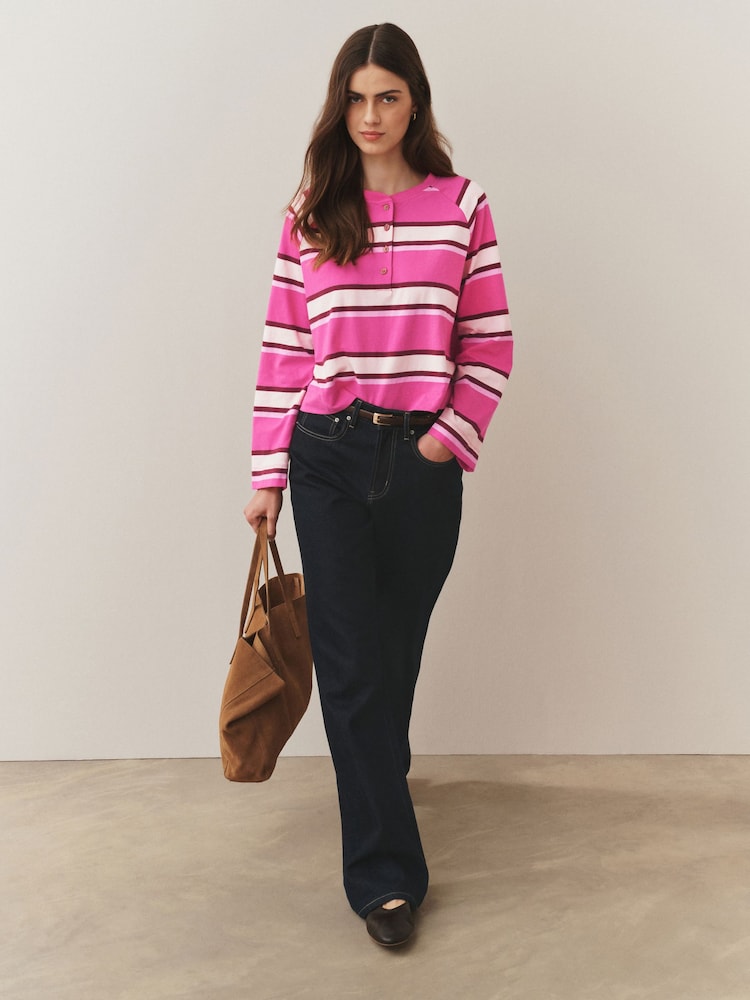 Pink Stripe Button Henley Crew Neck Long Sleeve Top - Image 2 of 8