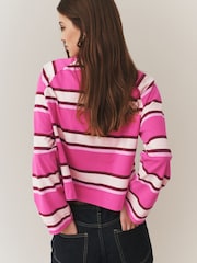 Pink Stripe Button Henley Crew Neck Long Sleeve Top - Image 4 of 8