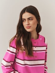 Pink Stripe Button Henley Crew Neck Long Sleeve Top - Image 5 of 8