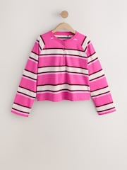 Pink Stripe Button Henley Crew Neck Long Sleeve Top - Image 6 of 8