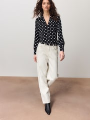 Black/White Spot Long Sleeve V-Neck Blouse - Image 2 of 8