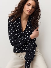 Black/White Spot Long Sleeve V-Neck Blouse - Image 3 of 8