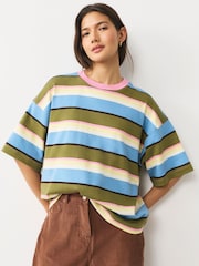 Blue/Green/Yellow/Pink Striped Relaxed Boxy Elbow Length Crew Neck T-Shirt - Image 1 of 7