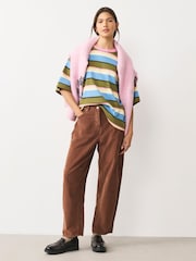 Blue/Green/Yellow/Pink Striped Relaxed Boxy Elbow Length Crew Neck T-Shirt - Image 2 of 7