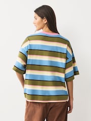 Blue/Green/Yellow/Pink Striped Relaxed Boxy Elbow Length Crew Neck T-Shirt - Image 3 of 7