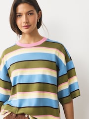 Blue/Green/Yellow/Pink Striped Relaxed Boxy Elbow Length Crew Neck T-Shirt - Image 4 of 7