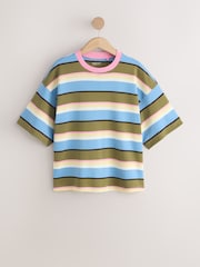 Blue/Green/Yellow/Pink Striped Relaxed Boxy Elbow Length Crew Neck T-Shirt - Image 5 of 7