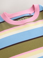 Blue/Green/Yellow/Pink Striped Relaxed Boxy Elbow Length Crew Neck T-Shirt - Image 6 of 7