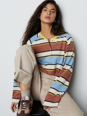 Brown/Blue/Ecru/Yellow Stripe Button Henley Crew Neck Long Sleeve Top - Image 1 of 7