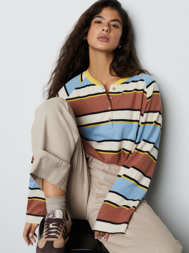 Brown/Blue/Ecru/Yellow Stripe Button Henley Crew Neck Long Sleeve Top - Image 1 of 7