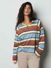 Brown/Blue/Ecru/Yellow Stripe Button Henley Crew Neck Long Sleeve Top - Image 2 of 7