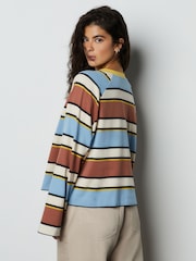 Brown/Blue/Ecru/Yellow Stripe Button Henley Crew Neck Long Sleeve Top - Image 3 of 7