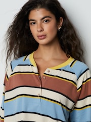 Brown/Blue/Ecru/Yellow Stripe Button Henley Crew Neck Long Sleeve Top - Image 4 of 7