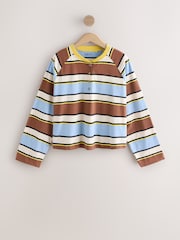Brown/Blue/Ecru/Yellow Stripe Button Henley Crew Neck Long Sleeve Top - Image 5 of 7