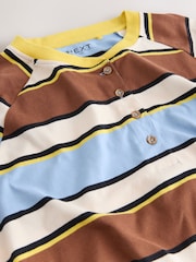 Brown/Blue/Ecru/Yellow Stripe Button Henley Crew Neck Long Sleeve Top - Image 7 of 7