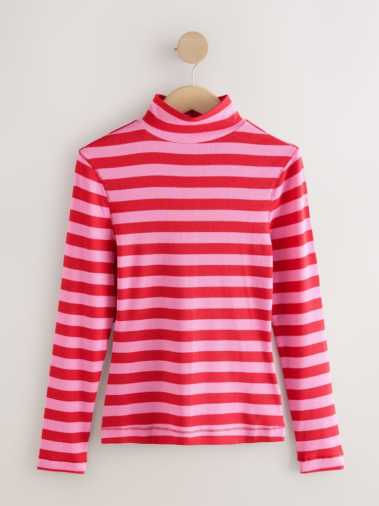 Pink/Red Striped Ribbed High Neck Long Sleeve T-Shirt - Image 1 of 3 Pink/Red Striped Ribbed High Neck Long Sleeve T-Shirt - Image 1 of 3