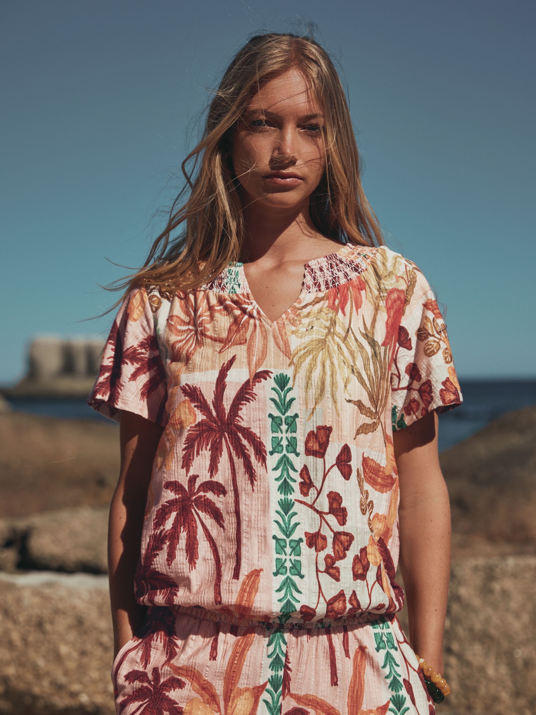 Buy Pink Palm Print Short Sleeve Notch Neck Shirred Bubblehem Top