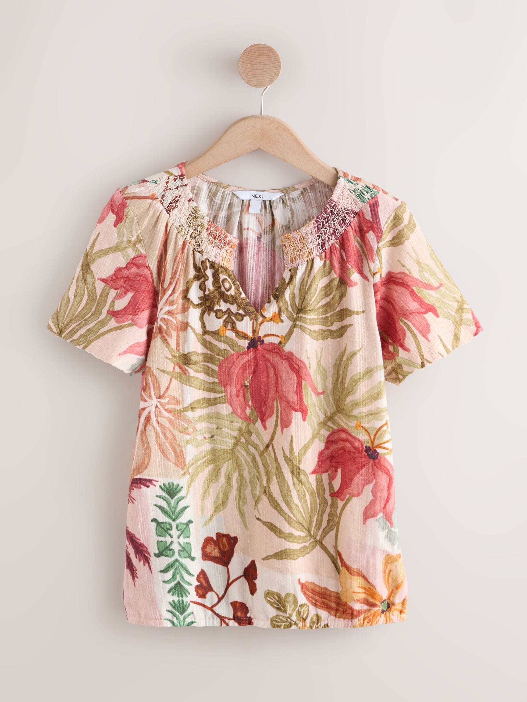 Buy Pink Palm Print Short Sleeve Notch Neck Shirred Bubblehem Top