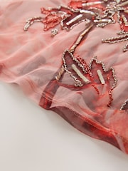 Coral Pink Palm Print Beaded Mesh Short Sleeve Top - Image 2 of 3