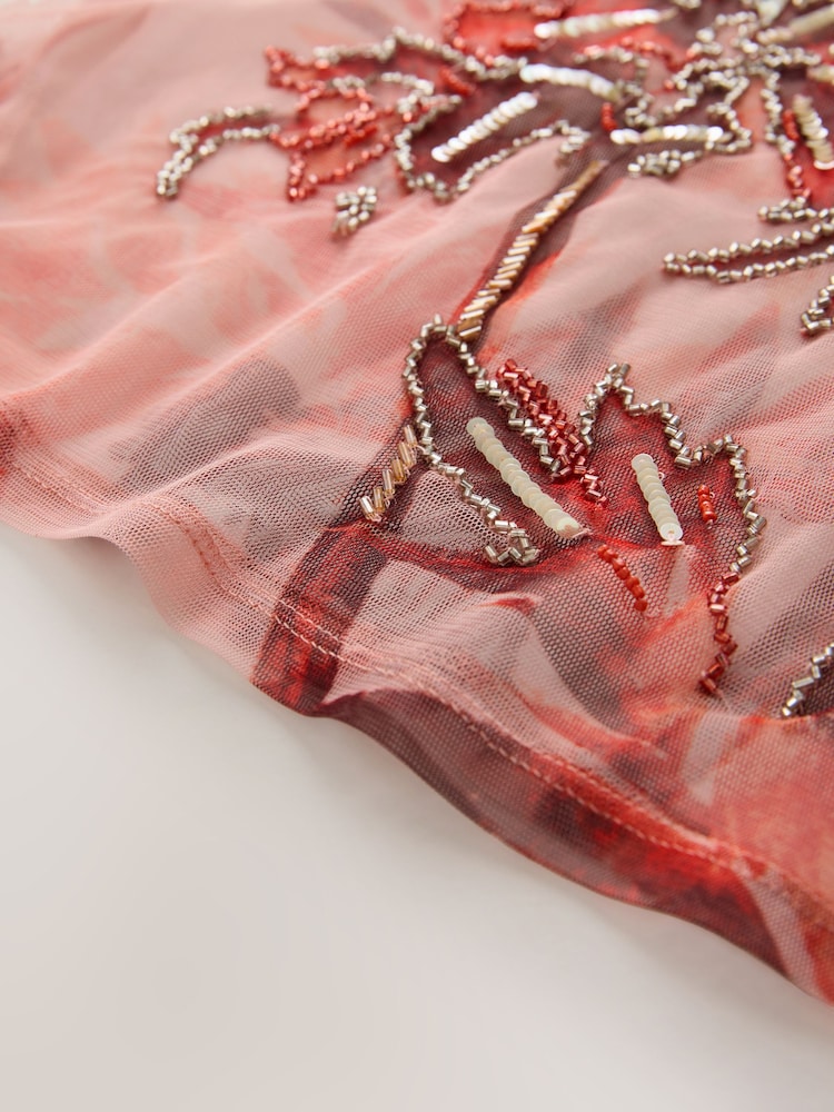 Coral Pink Palm Print Beaded Mesh Short Sleeve Top - Image 2 of 3