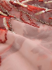 Coral Pink Palm Print Beaded Mesh Short Sleeve Top - Image 3 of 3