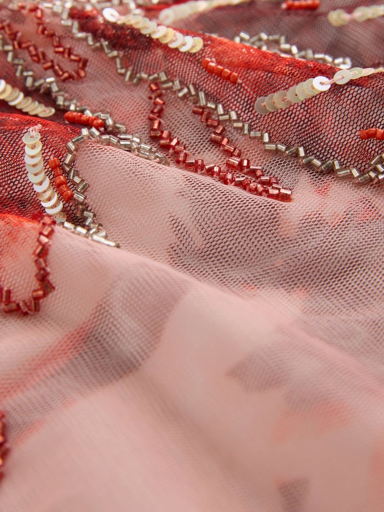 Coral Pink Palm Print Beaded Mesh Short Sleeve Top - Image 3 of 3