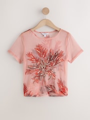 Roz colra cu imprimeu palmier - Beaded Mesh Short Sleeve Top - Imaginea 5 din 7