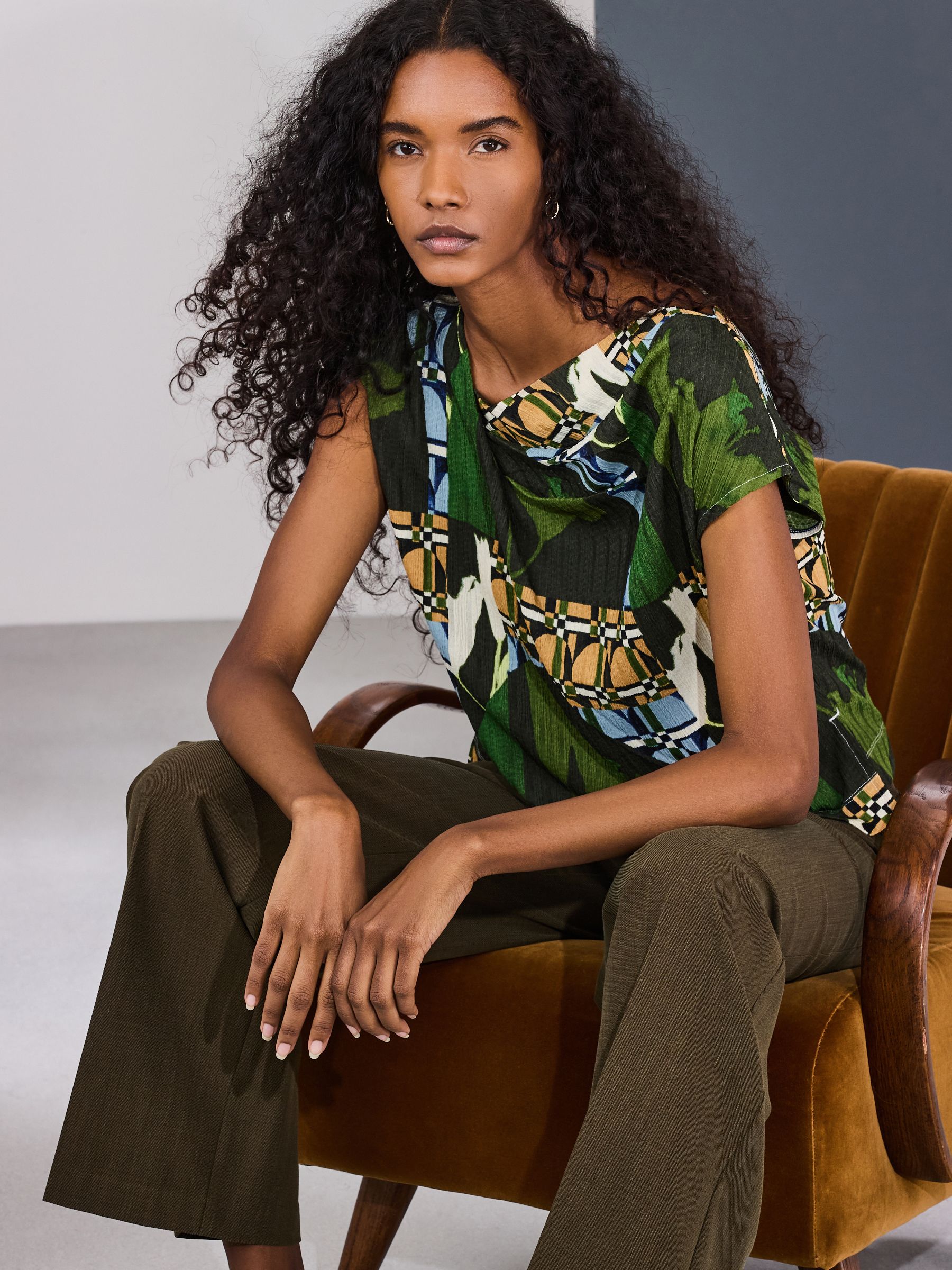 Buy Green Geo Print Asymmetric Pleated Drape Short Sleeve Top from