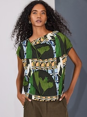 Green Geo Print Asymmetric Pleated Drape Short Sleeve Top - Image 4 of 7