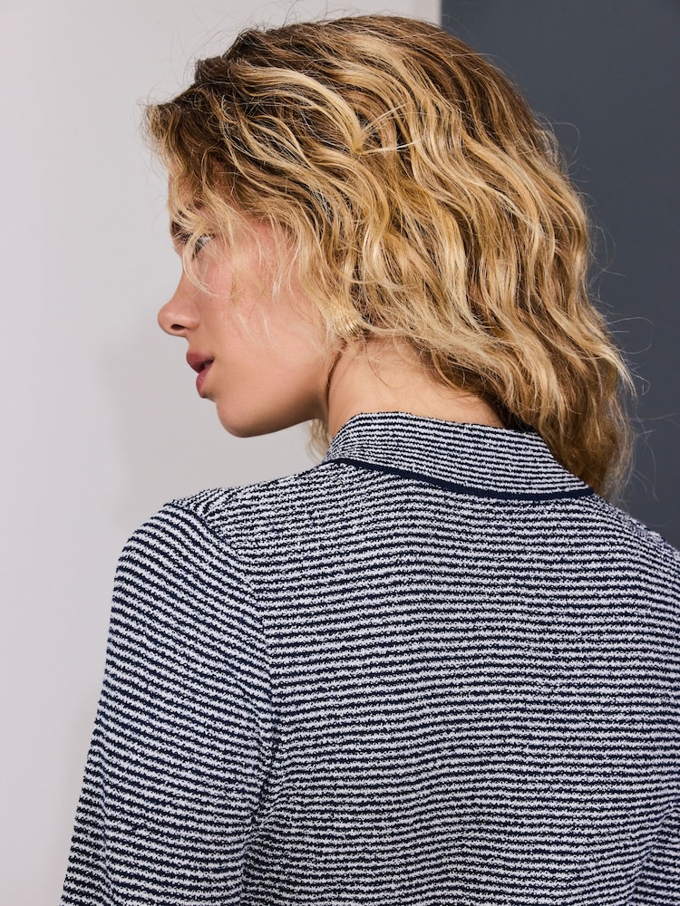 Bleumarin/alb în dungi - Long Sleeve Knit Look Polo Top - Imaginea 2 din 7 Bleumarin/alb în dungi - Long Sleeve Knit Look Polo Top - Imaginea 2 din 7