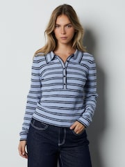 Blue/Black Stripe Long Sleeve Knit Look Polo Top - Image 3 of 8