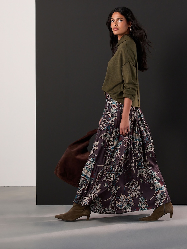 Brown Floral Satin Pleated Maxi Skirt - Image 1 of 8 Brown Floral Satin Pleated Maxi Skirt - Image 1 of 8