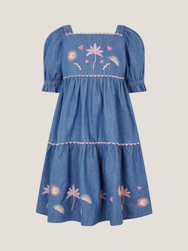 Monsoon Blue Embroidered Puff Sleeve Denim Dress - Image 1 of 3